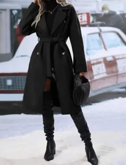 Discount Women's Winter Coat Outdoor Street Daily Fall Winter Regular Coat Regular Fit Warm Breathable Comtemporary Stylish Jacket Long Sleeve Solid Color with Pockets With Belt Black Red Khaki Women Coats & Trench Coats