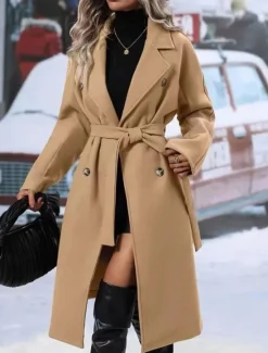 Discount Women's Winter Coat Outdoor Street Daily Fall Winter Regular Coat Regular Fit Warm Breathable Comtemporary Stylish Jacket Long Sleeve Solid Color with Pockets With Belt Black Red Khaki Women Coats & Trench Coats