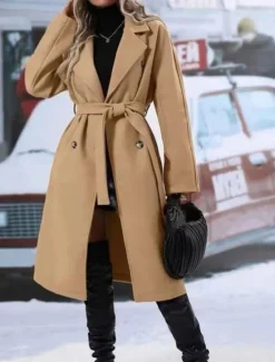 Discount Women's Winter Coat Outdoor Street Daily Fall Winter Regular Coat Regular Fit Warm Breathable Comtemporary Stylish Jacket Long Sleeve Solid Color with Pockets With Belt Black Red Khaki Women Coats & Trench Coats