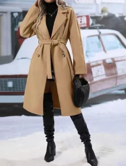 Discount Women's Winter Coat Outdoor Street Daily Fall Winter Regular Coat Regular Fit Warm Breathable Comtemporary Stylish Jacket Long Sleeve Solid Color with Pockets With Belt Black Red Khaki Women Coats & Trench Coats