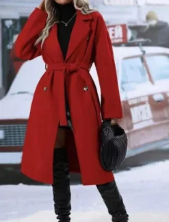 Discount Women's Winter Coat Outdoor Street Daily Fall Winter Regular Coat Regular Fit Warm Breathable Comtemporary Stylish Jacket Long Sleeve Solid Color with Pockets With Belt Black Red Khaki Women Coats & Trench Coats