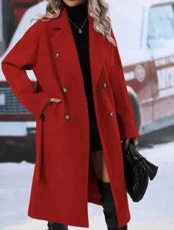 Discount Women's Winter Coat Outdoor Street Daily Fall Winter Regular Coat Regular Fit Warm Breathable Comtemporary Stylish Jacket Long Sleeve Solid Color with Pockets With Belt Black Red Khaki Women Coats & Trench Coats