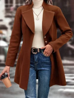 Women's Winter Coat Outdoor Street Daily Wear Fall Winter Regular Coat Regular Fit Thermal Warm Breathable Stylish Casual Jacket Long Sleeve Plain with Pockets Black Apricot Coffee Women Coats & Trench Coats