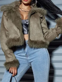 Outlet Women's Winter Coat Outdoor Street Daily Wear Fall Winter Short Coat Regular Fit Thermal Warm Breathable Stylish Casual Jacket Long Sleeve Plain Faux Fur Trim Women Furs & Leathers