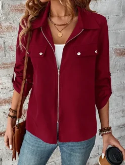 Hot Women's Winter Coat Outdoor Street Daily Wear Fall Winter Short Coat Regular Fit Thermal Warm Breathable Stylish Casual Jacket Long Sleeve Plain with Pockets Full Zip Black Wine Women Jackets