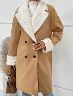 Discount Women's Winter Coat Teddy Coat Windproof Warm Buttons Fur Collar Elegant Outdoor Solid Color Work Casual Double Breasted Turndown Loose Fit Long Sleeve Outerwear Fall Winter Women Fleece-Lined Jackets