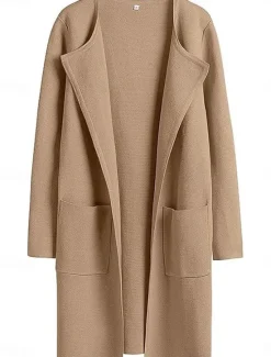 Discount Women's Winter Coat Warm Breathable Pocket Casual Plain Vacation Street Daily Wear Going out Open Front Long Turndown Regular Fit Long Sleeve Outerwear Black Brown Khaki Fall Winter Women Coats & Trench Coats