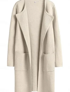 Discount Women's Winter Coat Warm Breathable Pocket Casual Plain Vacation Street Daily Wear Going out Open Front Long Turndown Regular Fit Long Sleeve Outerwear Black Brown Khaki Fall Winter Women Coats & Trench Coats