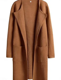 Discount Women's Winter Coat Warm Breathable Pocket Casual Plain Vacation Street Daily Wear Going out Open Front Long Turndown Regular Fit Long Sleeve Outerwear Black Brown Khaki Fall Winter Women Coats & Trench Coats