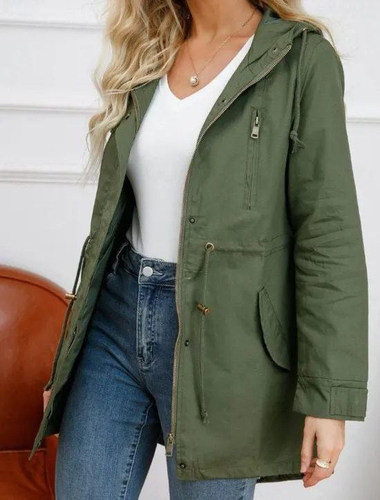 Online Women's Winter Coat Waterproof Windproof Zipper Outdoor Solid Color Work Casual Zipper Hoodie Loose Fit Long Sleeve Outerwear Black Green Khaki Winter Women Jackets