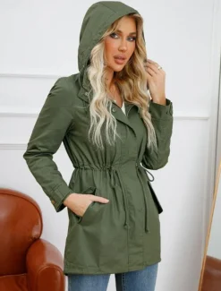 Online Women's Winter Coat Waterproof Windproof Zipper Outdoor Solid Color Work Casual Zipper Hoodie Loose Fit Long Sleeve Outerwear Black Green Khaki Winter Women Jackets