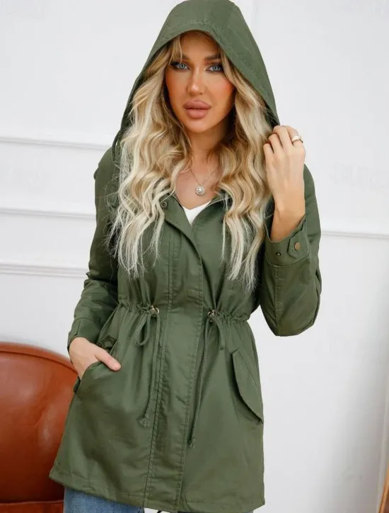 Online Women's Winter Coat Waterproof Windproof Zipper Outdoor Solid Color Work Casual Zipper Hoodie Loose Fit Long Sleeve Outerwear Black Green Khaki Winter Women Jackets
