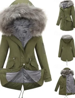 Women's Winter Coat Windproof Warm Zipper Outdoor Solid Color Work Casual Zipper Hoodie Loose Fit Long Sleeve Outerwear Black Red Green Winter Women Puffers & Parka