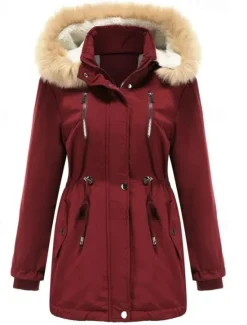Women's Winter Coat Windproof Warm Zipper Buttons Outdoor Solid Color Work Casual Single Breasted Hoodie Loose Fit Long Sleeve Outerwear Black Pink Wine Winter Women Puffers & Parka