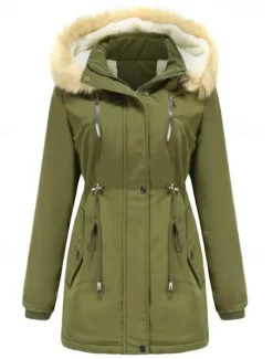 Women's Winter Coat Windproof Warm Zipper Buttons Outdoor Solid Color Work Casual Single Breasted Hoodie Loose Fit Long Sleeve Outerwear Black Pink Wine Winter Women Puffers & Parka