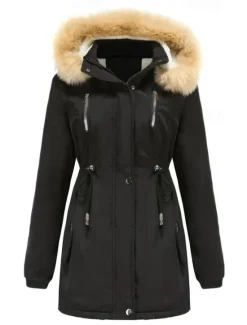 Women's Winter Coat Windproof Warm Zipper Buttons Outdoor Solid Color Work Casual Single Breasted Hoodie Loose Fit Long Sleeve Outerwear Black Pink Wine Winter Women Puffers & Parka