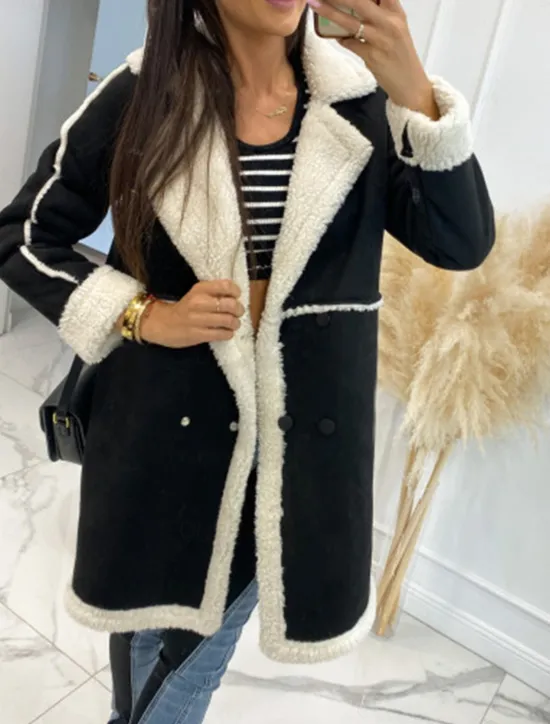 Women's Winter Coat Windproof Warm Patchwork Buttons Elegant Outdoor Solid Color Work Casual Double Breasted Turndown Loose Fit Long Sleeve Outerwear Black Brown Fall Winter Women Coats & Trench Coats
