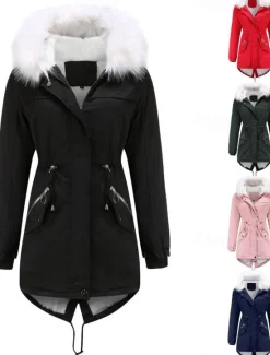 Discount Women's Winter Coat Windproof Warm Zipper Outdoor Solid Color Work Casual Zipper Hoodie Loose Fit Long Sleeve Outerwear Navy Black Pink Winter Women Puffers & Parka