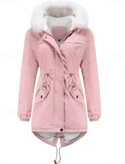 Discount Women's Winter Coat Windproof Warm Zipper Outdoor Solid Color Work Casual Zipper Hoodie Loose Fit Long Sleeve Outerwear Navy Black Pink Winter Women Puffers & Parka
