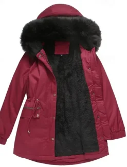 Outlet Women's Winter Coat Windproof Warm Zipper Buttons Outdoor Solid Color Work Casual Single Breasted Hoodie Loose Fit Long Sleeve Outerwear Navy Red Green Winter Women Puffers & Parka