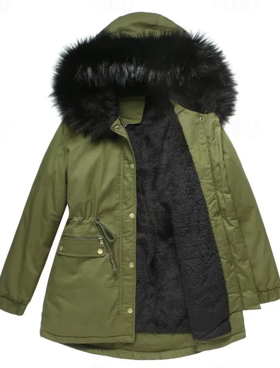 Outlet Women's Winter Coat Windproof Warm Zipper Buttons Outdoor Solid Color Work Casual Single Breasted Hoodie Loose Fit Long Sleeve Outerwear Navy Red Green Winter Women Puffers & Parka