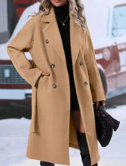 Discount Women's Winter Coat Windproof Warm Buttons With Belt Elegant Outdoor Solid Color Work Casual Double Breasted Turndown Loose Fit Long Sleeve Outerwear Black Red Khaki Fall Winter Women Coats & Trench Coats