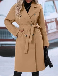 Discount Women's Winter Coat Windproof Warm Buttons With Belt Elegant Outdoor Solid Color Work Casual Double Breasted Turndown Loose Fit Long Sleeve Outerwear Black Red Khaki Fall Winter Women Coats & Trench Coats