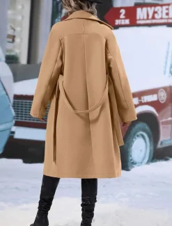 Discount Women's Winter Coat Windproof Warm Buttons With Belt Elegant Outdoor Solid Color Work Casual Double Breasted Turndown Loose Fit Long Sleeve Outerwear Black Red Khaki Fall Winter Women Coats & Trench Coats