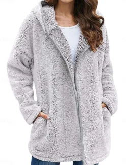 Best Women's Winter Coat Winter Jacket Fleece Jacket Outdoor Street Daily Fall Winter Regular Coat Regular Fit Warm Breathable Comtemporary Stylish Jacket Long Sleeve Solid Color Oversize Black Light Grey Women Coats & Trench Coats