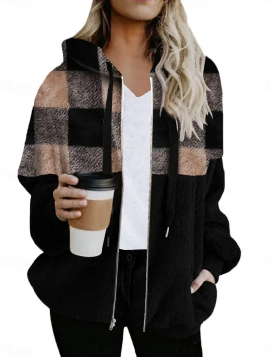 Discount Women's Winter Coat Winter Jacket Teddy Coat Hoodie Jacket Outdoor Street Daily Fall Winter Regular Coat Regular Fit Warm Breathable Comtemporary Stylish Jacket Long Sleeve Stripes and Plaid with Women Jackets