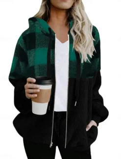 Discount Women's Winter Coat Winter Jacket Teddy Coat Hoodie Jacket Outdoor Street Daily Fall Winter Regular Coat Regular Fit Warm Breathable Comtemporary Stylish Jacket Long Sleeve Stripes and Plaid with Women Jackets