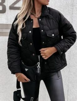 Women's Winter Coat Winter Jacket Warm Breathable Buttons Pocket Casual Plain Street Daily Wear Single Breasted Short Turndown Regular Fit Long Sleeve Outerwear Black White Navy Blue Fall Winter Women Puffers & Parka