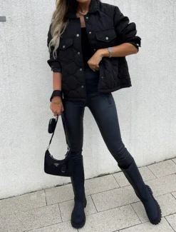 Women's Winter Coat Winter Jacket Warm Breathable Buttons Pocket Casual Plain Street Daily Wear Single Breasted Short Turndown Regular Fit Long Sleeve Outerwear Black White Navy Blue Fall Winter Women Puffers & Parka