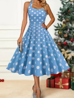 Discount Women's Winter Dress Polka Dot Backless Print Halter Neck Midi Dress Party Date Sleeveless Fall Winter Women Cocktail Dress