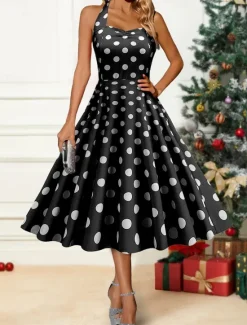 Discount Women's Winter Dress Polka Dot Backless Print Halter Neck Midi Dress Party Date Sleeveless Fall Winter Women Cocktail Dress