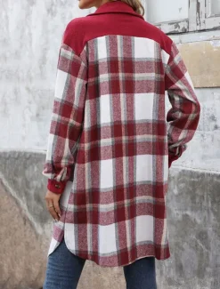 Sale Women's Winter Jacket Coat Outdoor Street Daily Wear Fall Winter Long Coat Regular Fit Thermal Warm Breathable Stylish Casual Jacket Long Sleeve Stripes and Plaid with Pockets Print Wine Coffee Gray Women Coats & Trench Coats