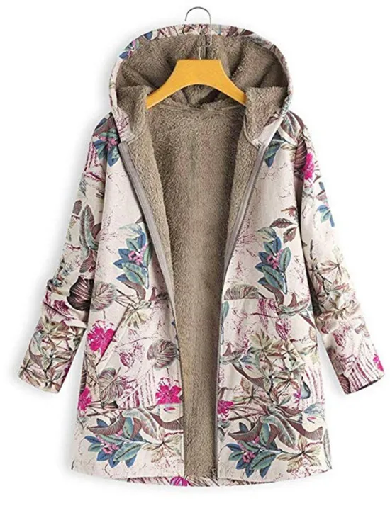 Discount Women's Winter Jacket Fleece Jacket Sherpa Jacket Teddy Coat Daily Going out Fall Winter Regular Coat V Neck Loose Fit Warm Retro Casual Jacket Long Sleeve Trees / Leaves Pocket White Pattern Pink Women Fleece-Lined Jackets