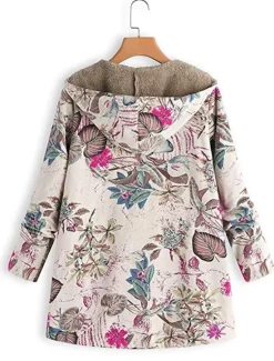 Discount Women's Winter Jacket Fleece Jacket Sherpa Jacket Teddy Coat Daily Going out Fall Winter Regular Coat V Neck Loose Fit Warm Retro Casual Jacket Long Sleeve Trees / Leaves Pocket White Pattern Pink Women Fleece-Lined Jackets