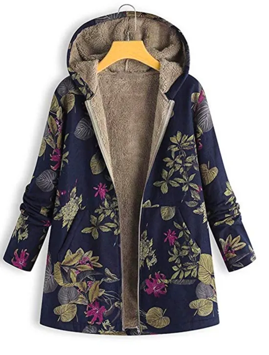 Discount Women's Winter Jacket Fleece Jacket Sherpa Jacket Teddy Coat Daily Going out Fall Winter Regular Coat V Neck Loose Fit Warm Retro Casual Jacket Long Sleeve Trees / Leaves Pocket White Pattern Pink Women Fleece-Lined Jackets