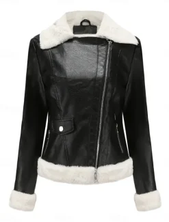 Hot Women's Winter Jacket Fleece Jacket Warm Breathable Zipper Pocket Fleece Lined Casual Plain Vacation Street Daily Wear Going out Zipper Short Turndown Regular Fit Long Sleeve Outerwear Black Royal Women Puffers & Parka