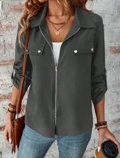 Sale Women's Winter Jacket Outdoor Street Daily Wear Fall Winter Short Coat Regular Fit Thermal Warm Breathable Stylish Casual Jacket Long Sleeve Plain with Pockets Full Zip Wine Blue Gray Women Jackets