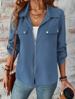 Sale Women's Winter Jacket Outdoor Street Daily Wear Fall Winter Short Coat Regular Fit Thermal Warm Breathable Stylish Casual Jacket Long Sleeve Plain with Pockets Full Zip Wine Blue Gray Women Jackets