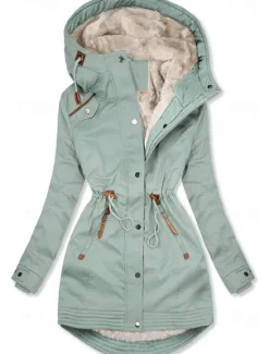 Best Women's Winter Jacket Parka Warm Zipper Buttons Fleece Lined Casual Street Style Plain Street Casual Daily Casual Daily Zipper Regular Hoodie Regular Fit Long Sleeve Outerwear Black Green Dark Blue Women Puffers & Parka