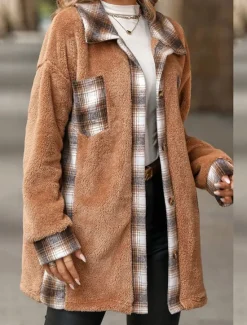 Sale Women's Winter Jacket Sherpa Jacket Teddy Coat Outdoor Street Daily Wear Fall Winter Regular Coat Regular Fit Thermal Warm Breathable Stylish Casual Jacket Long Sleeve Stripes and Plaid with Pockets Women Jackets