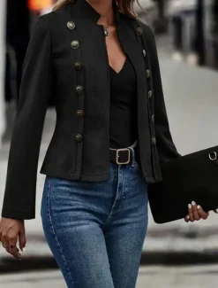 Hot Women's Winter Jacket Warm Patchwork Buttons Elegant Vintage Fashion OL Style Plain School Outdoor Vacation Home Double Breasted Short Stand Collar Regular Fit Long Sleeve Outerwear Dark Khaki Light Women Jackets