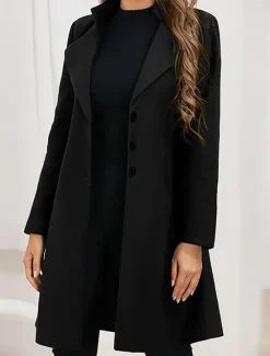 Best Women's Wool Blend Coat Winter Singel Breasted Lapel Long Pea Coat Fall Over Coat Formal Office Windproof Warm Simple Elegant & Luxurious Basic Jacket Long Sleeve Black Women Coats & Trench Coats