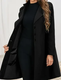 Best Women's Wool Blend Coat Winter Singel Breasted Lapel Long Pea Coat Fall Over Coat Formal Office Windproof Warm Simple Elegant & Luxurious Basic Jacket Long Sleeve Black Women Coats & Trench Coats
