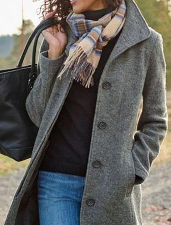 Women's Wool Coat Fall Pea Coat Winter Warm Overcoat Casual Daily Street Style Smocked Single Breasted Turndown Green Dark Grey Regular Fit S M L XL XXL 3XL / Windproof Women Coats & Trench Coats