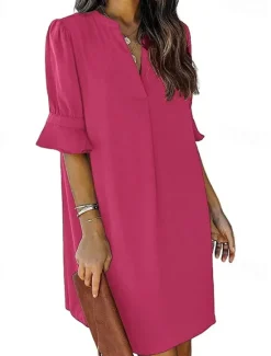 Hot Women's Work Dress A Line Dress Tunic Dress Fashion Office Workfashion Mini Dress Ruffle V Neck Half Sleeve Plain Loose Fit Blue Rose Beige Summer Spring S M L XL 2XL Women Work Dresses