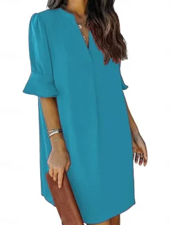 Hot Women's Work Dress A Line Dress Tunic Dress Fashion Office Workfashion Mini Dress Ruffle V Neck Half Sleeve Plain Loose Fit Blue Rose Beige Summer Spring S M L XL 2XL Women Work Dresses